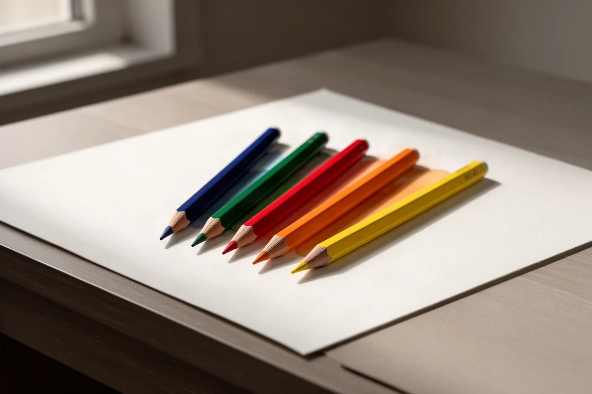 Five colored pencils fanned across a watercolor paper test sheet