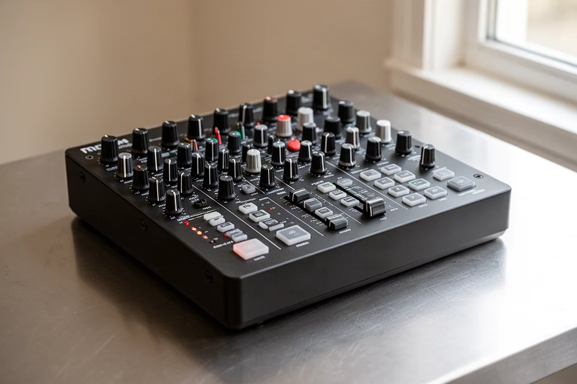 マットブラックのデスクに置かれたSoftube Flow StudioとConsole 1 Compact MIDIコントローラー