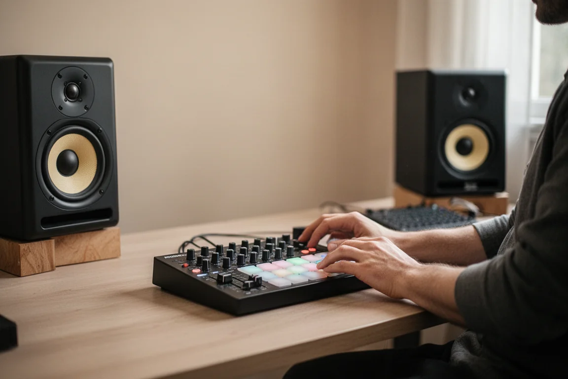 MIDIコントローラーとスタジオモニターを備えたデスクで作業する音楽プロデューサー