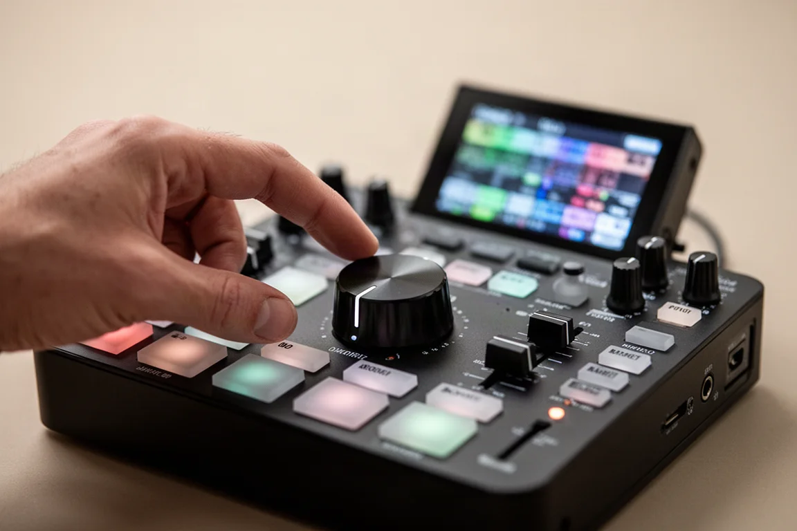 コンパクトなMIDIコントローラーの大きなノブを回す手のクローズアップ