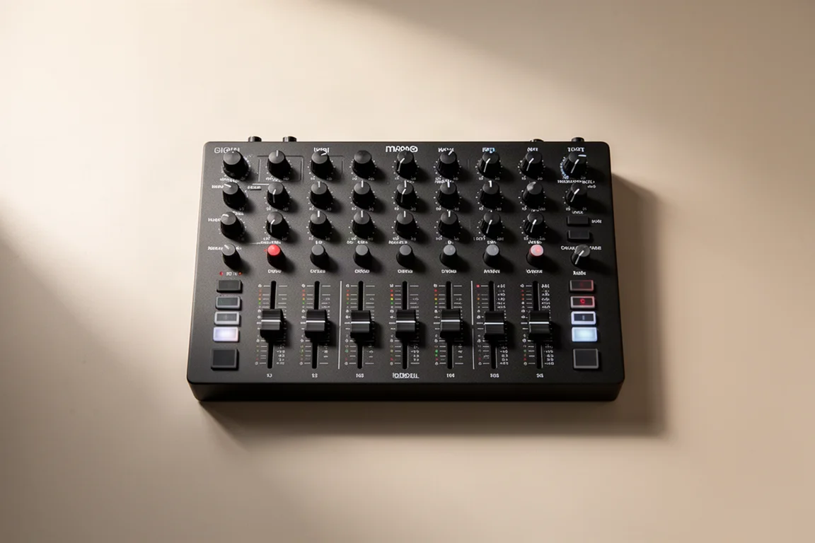 MIDIコントローラーのノブとボタンが密集した配列の俯瞰ビュー