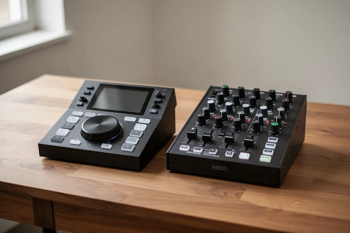 スタジオデスクに並べて置かれた2つのコンパクトMIDIコントローラー