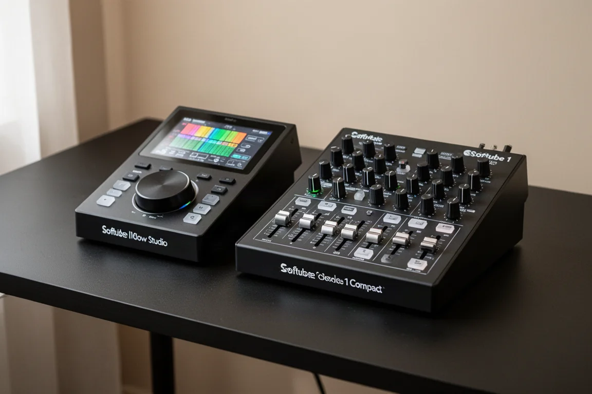 マットブラックのデスクに置かれたSoftube Flow StudioとConsole 1 Compact MIDIコントローラー