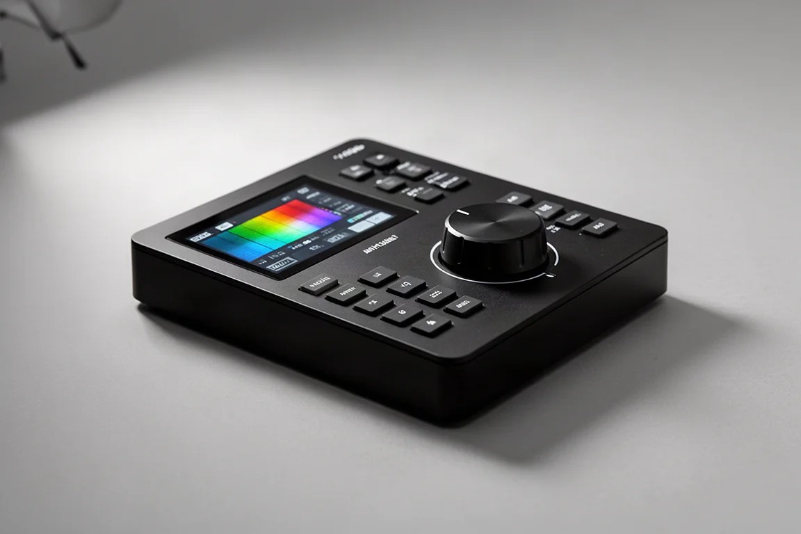 マットブラックのデスクに置かれたSoftube Flow StudioとConsole 1 Compact MIDIコントローラー