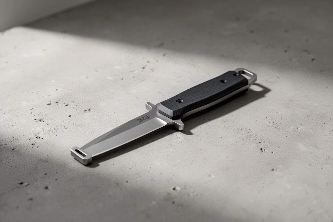 Compact EDC-mes met vaste kling en blootliggend tang liggend op een matbetonnen ondergrond