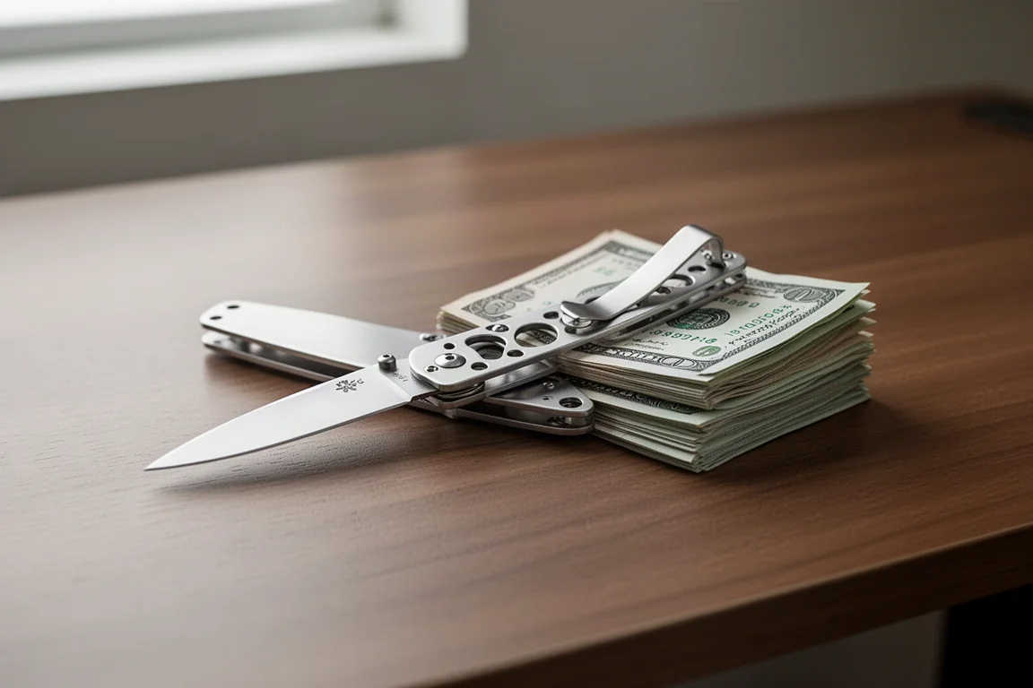 Couteau pliant fin avec un billet plié glissé sous son clip de poche sur un bureau en bois