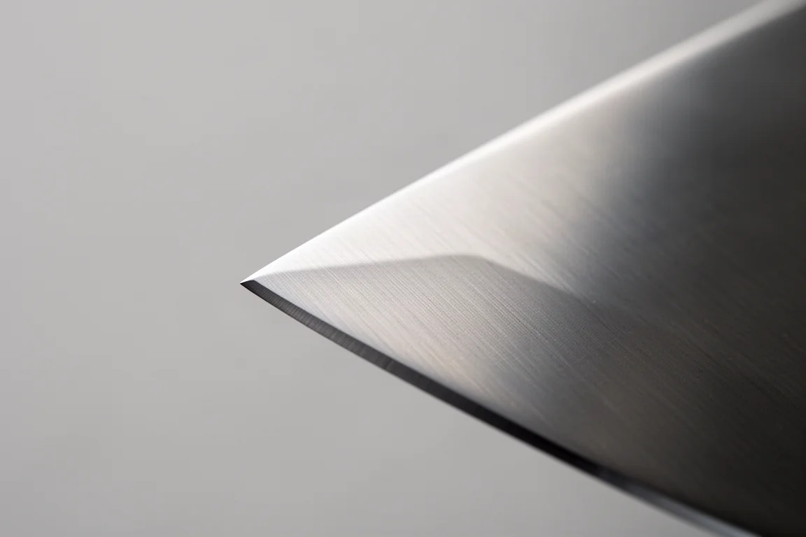 Gros plan sur le tranchant d'une lame finition satinée accrochant une lumière douce
