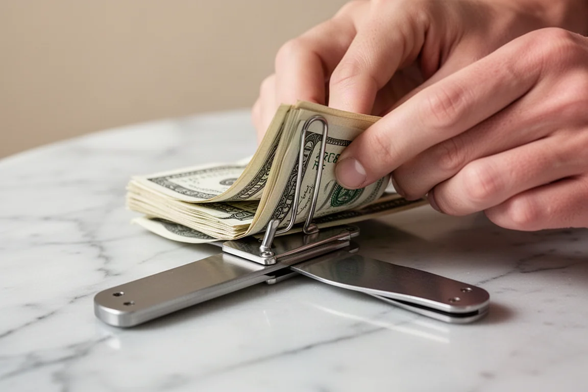 Main d'une personne pliant des billets et les glissant sous le clip porte-billets d'un couteau