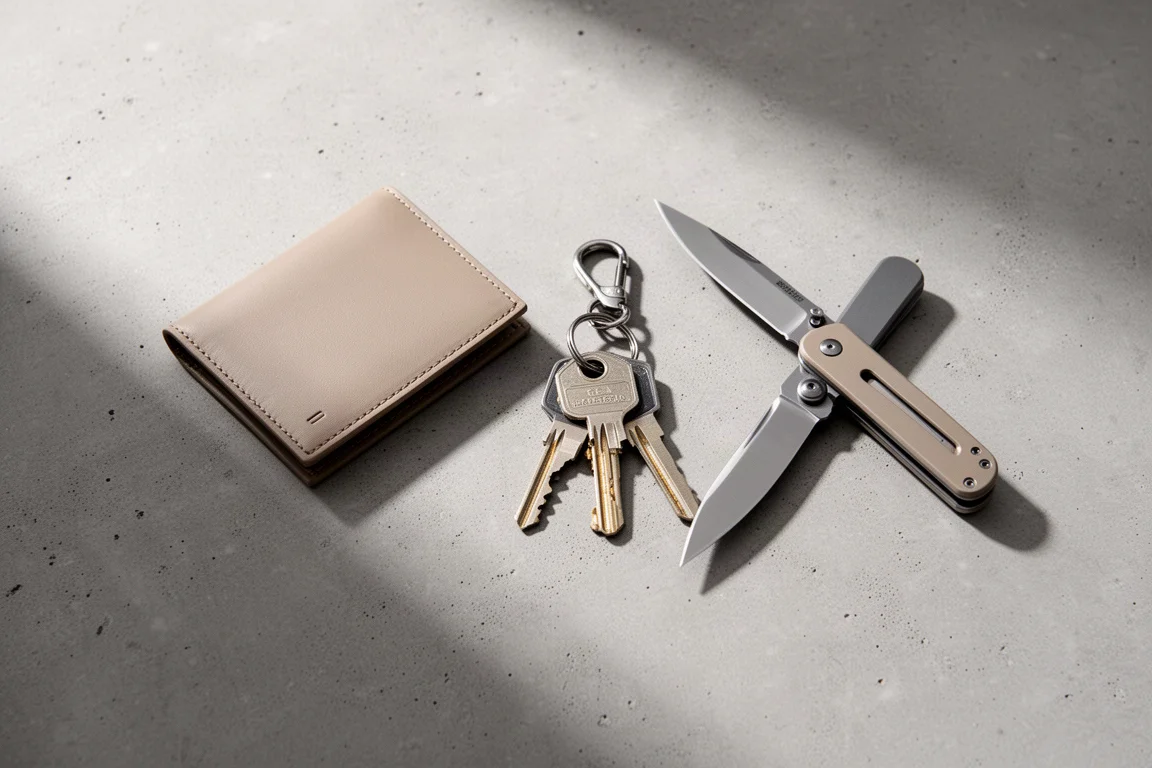 Composition d'accessoires de port quotidien minimaliste avec portefeuille, clés et couteau de poche