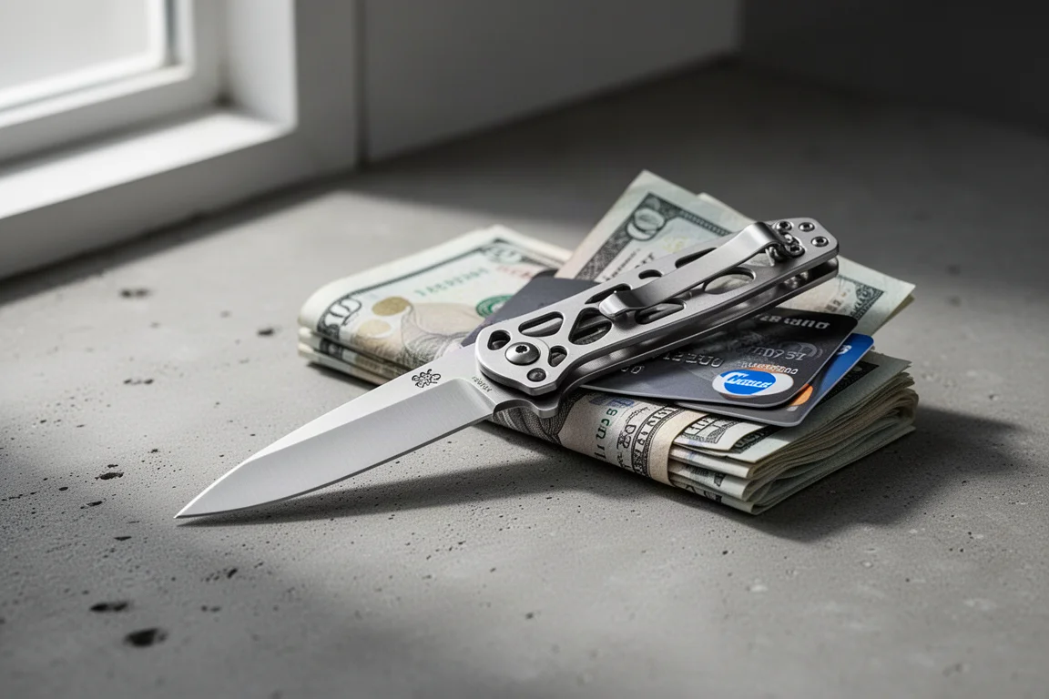 Schlankes Taschenmesser mit Bargeld und Karten unter dem Taschenclip auf Beton