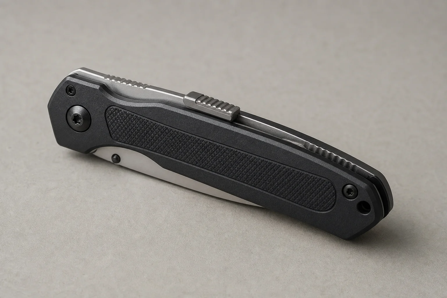 Premium folding knives with titanium handles and Damasteel blades on a dark slate surface