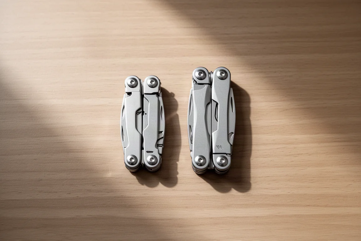 Duas multiferramentas compactas lado a lado sobre uma mesa para comparação de tamanho