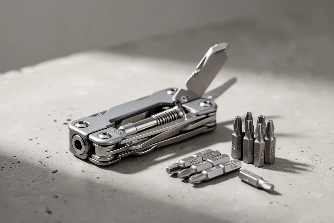 Um pequeno porta-bits com bits de 4 mm e um soquete de bits de multiferramenta sobre uma superfície