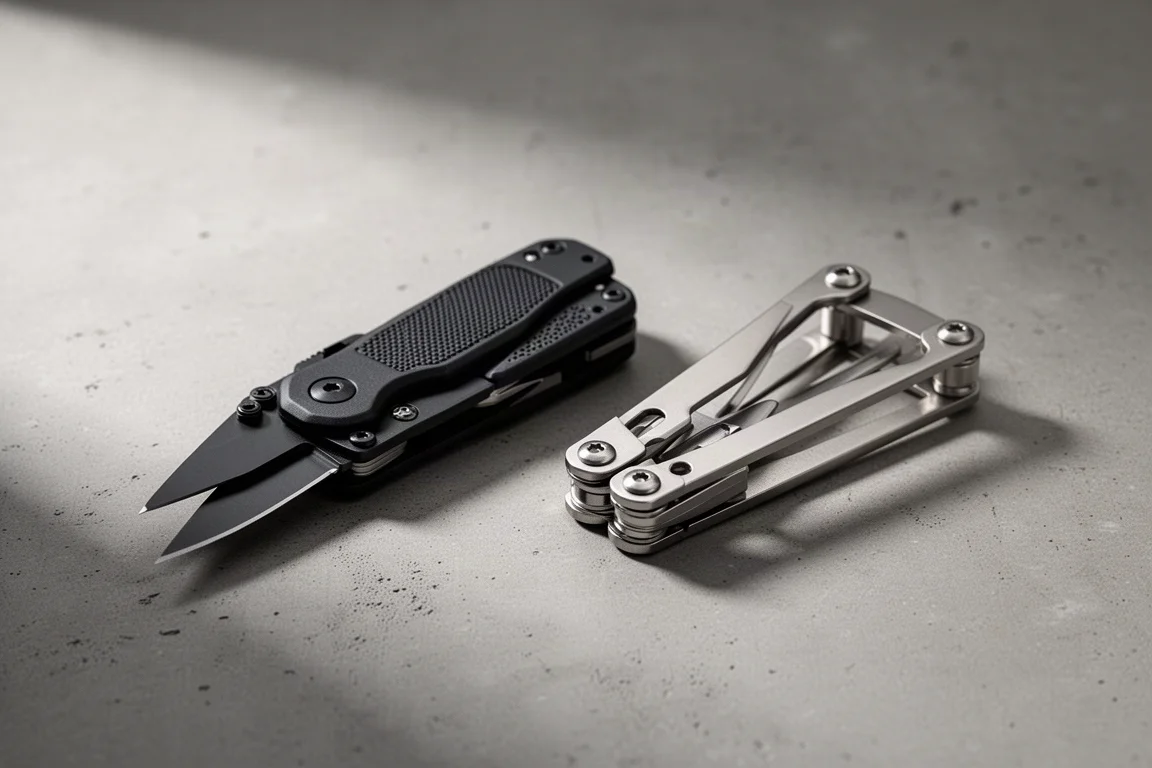 Two compact multi-tools side by side on a concrete surface