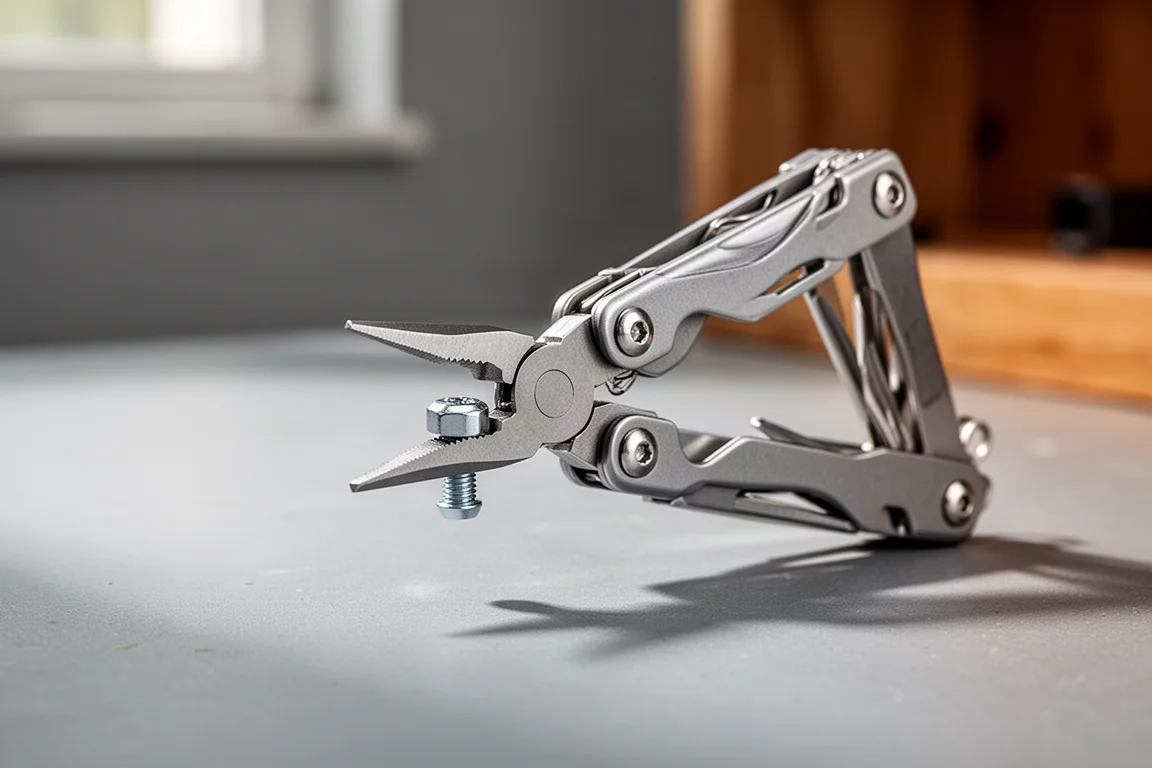 Pinze del multi-tool che afferrano una testa di bullone su un tavolo da officina