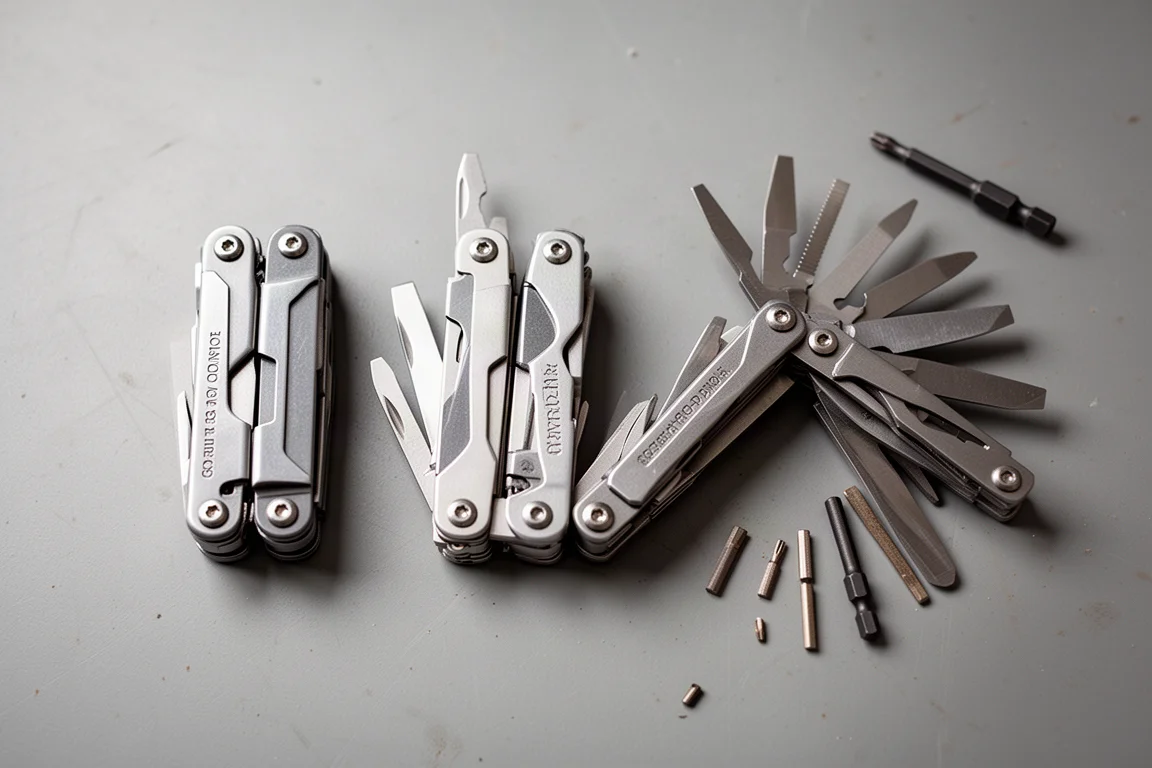 Assortimento di multi-tool disposti su un banco da officina per il confronto