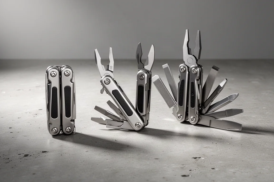 Three SOG folding multi-tools arranged on a concrete surface, one closed, one half open, one fully open