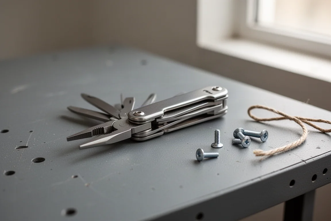 Klappbares Multitool mit geöffneten Zangen auf einer Werkbank