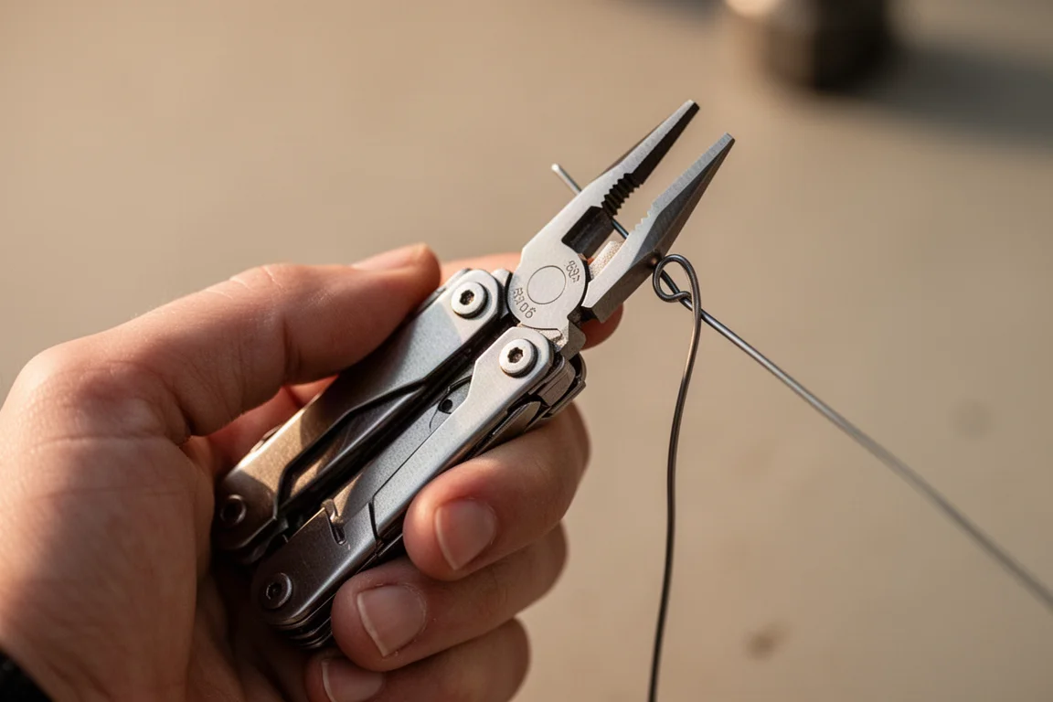 Multitool in der Hand gehalten, mit aktivierten Zangenbacken