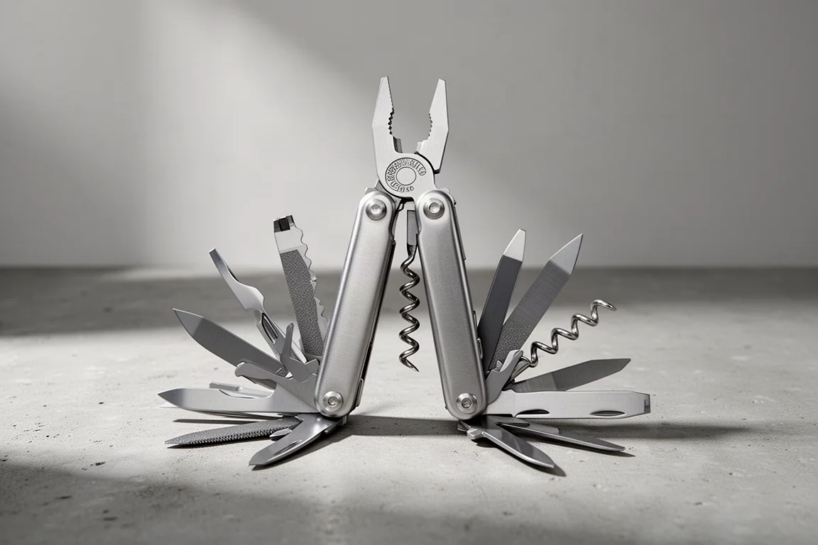 Bulky Multitool mit ausgeklappten Außenwerkzeugen auf Beton