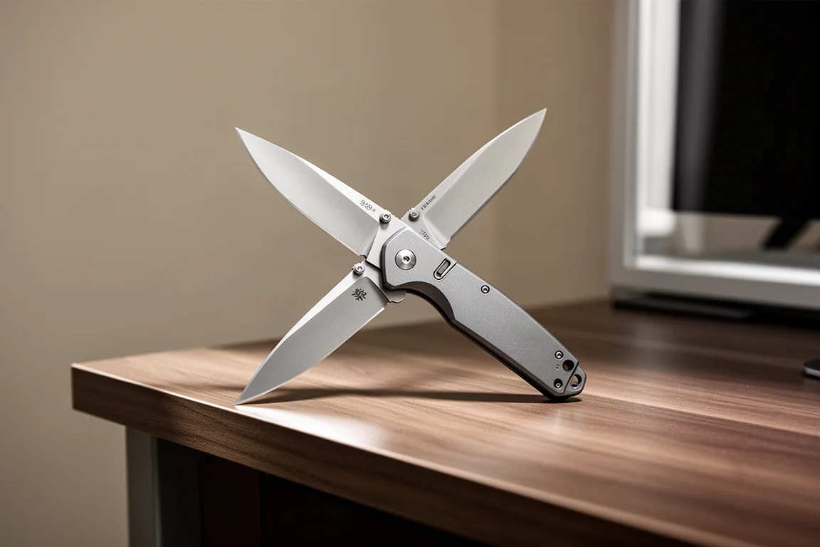 Klappmesser mit Drop-Point-Klinge geöffnet auf einem Schreibtisch