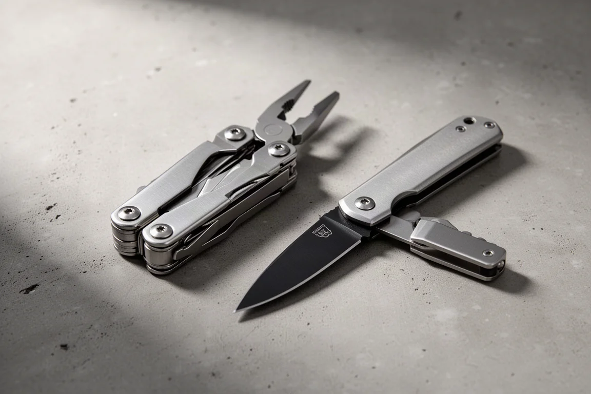 SOG multi-tool and folding knife side by side on a concrete surface