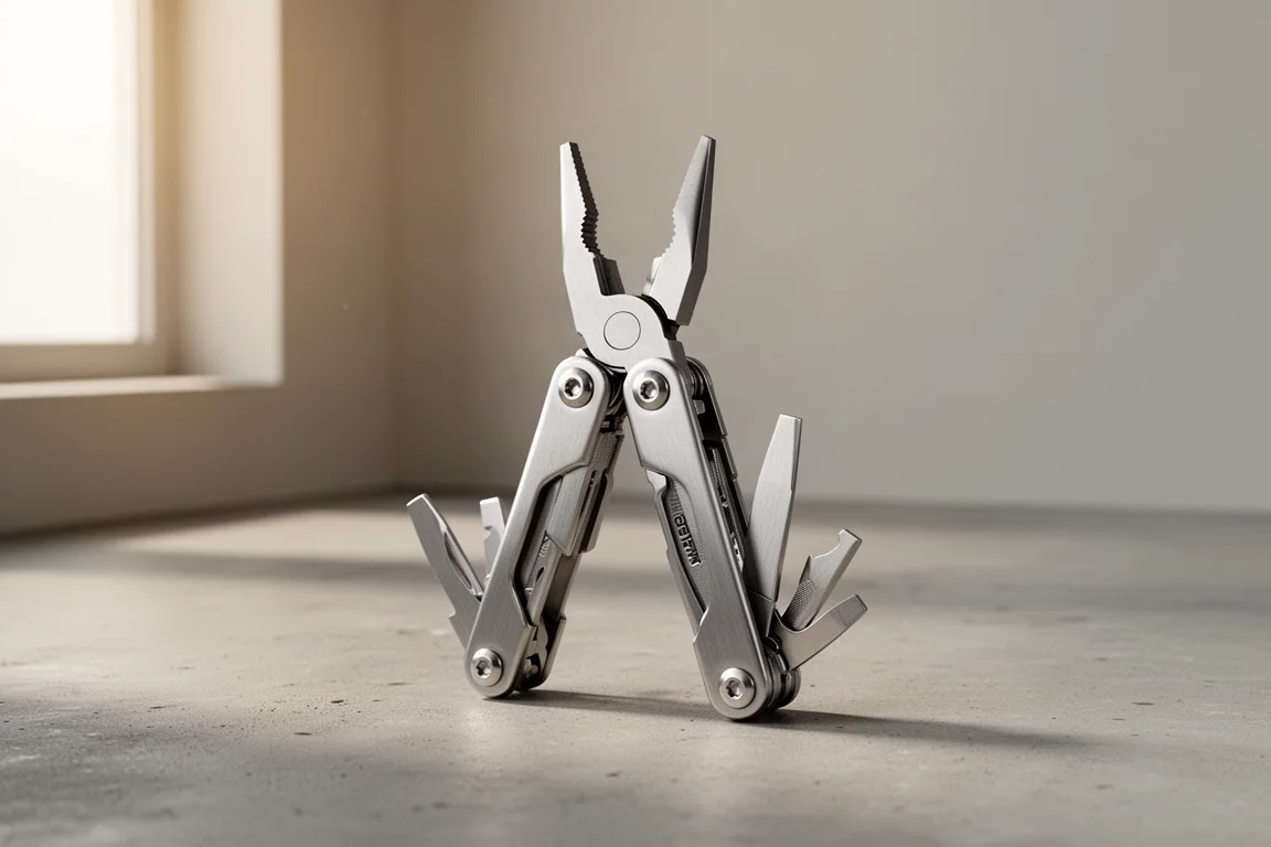 Compact stainless steel multi-tool with plier jaws open on concrete