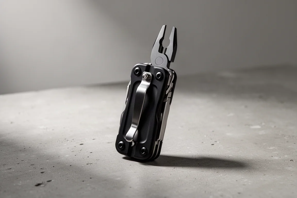 Compact black multi-tool with pocket clip on a concrete surface