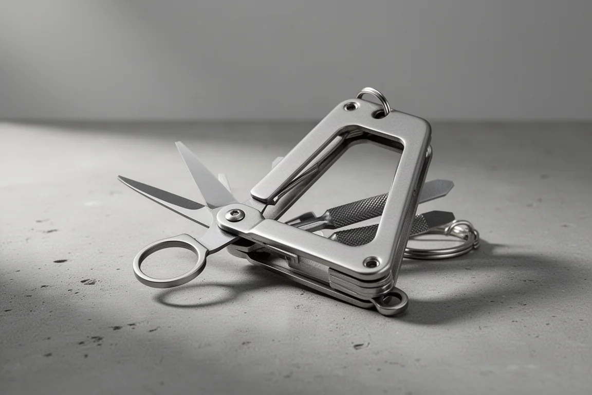 Kompaktes Multitool aus Edelstahl für den Schlüsselbund mit ausgefahrenen Scheren auf Betonfläche