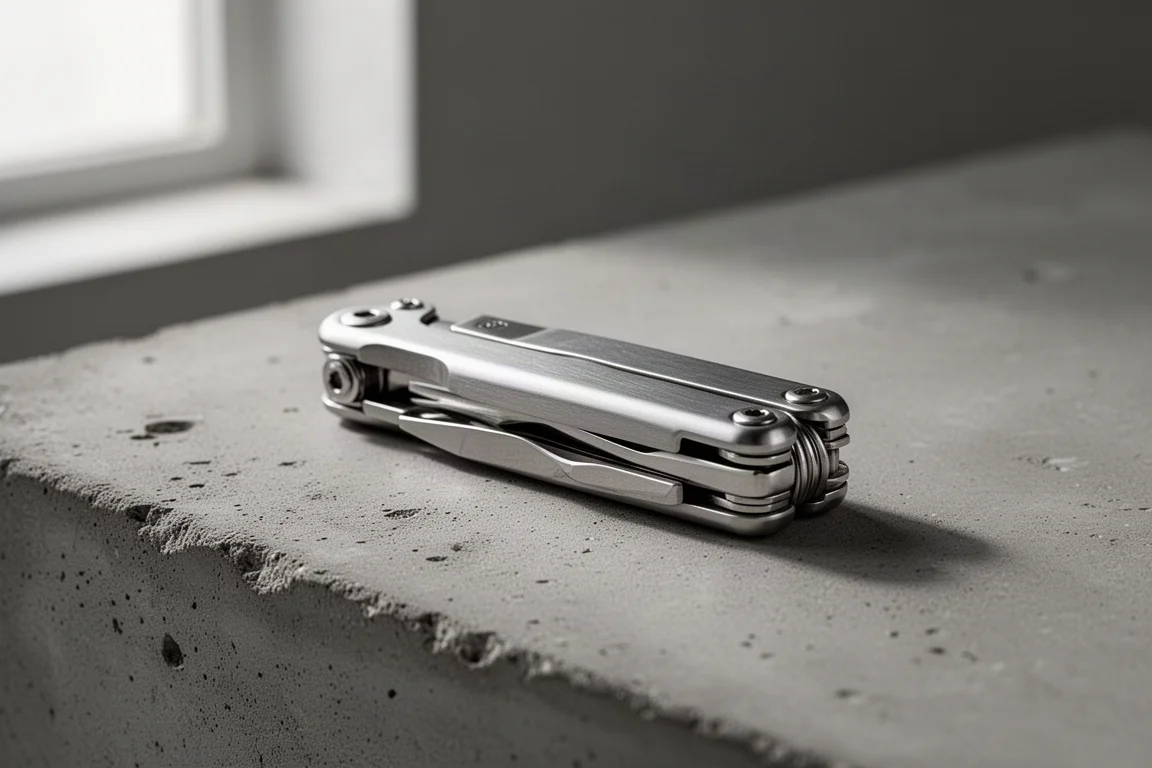 Compacte vouwbare multitool gesloten op een betonnen ondergrond
