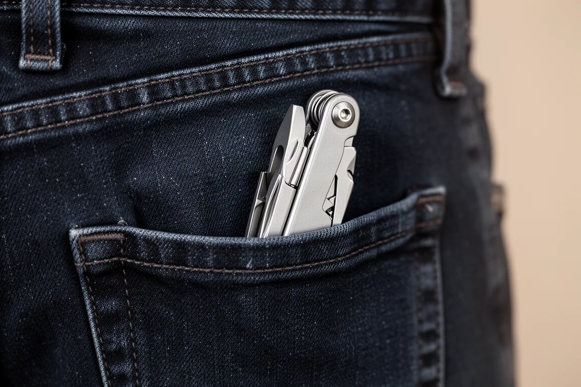 Kleine multitool in het zakhorlogezakje van een spijkerbroek