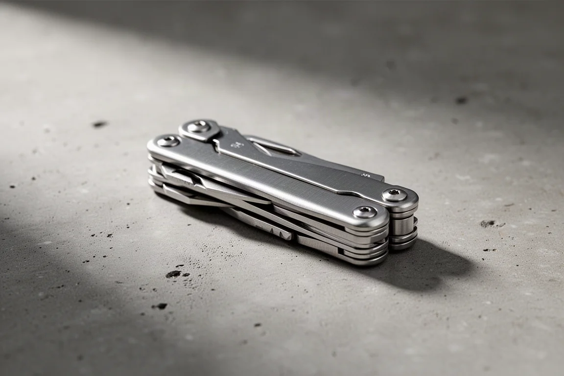 Kompaktes Edelstahl-Multitool geschlossen auf matten Betonuntergrund