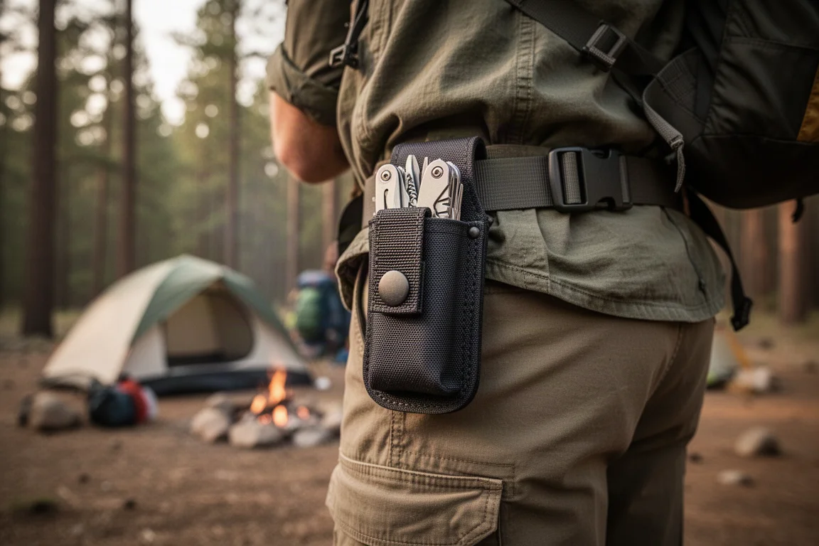 Folding multi-tool in a nylon sheath carried on a belt beside outdoor gear