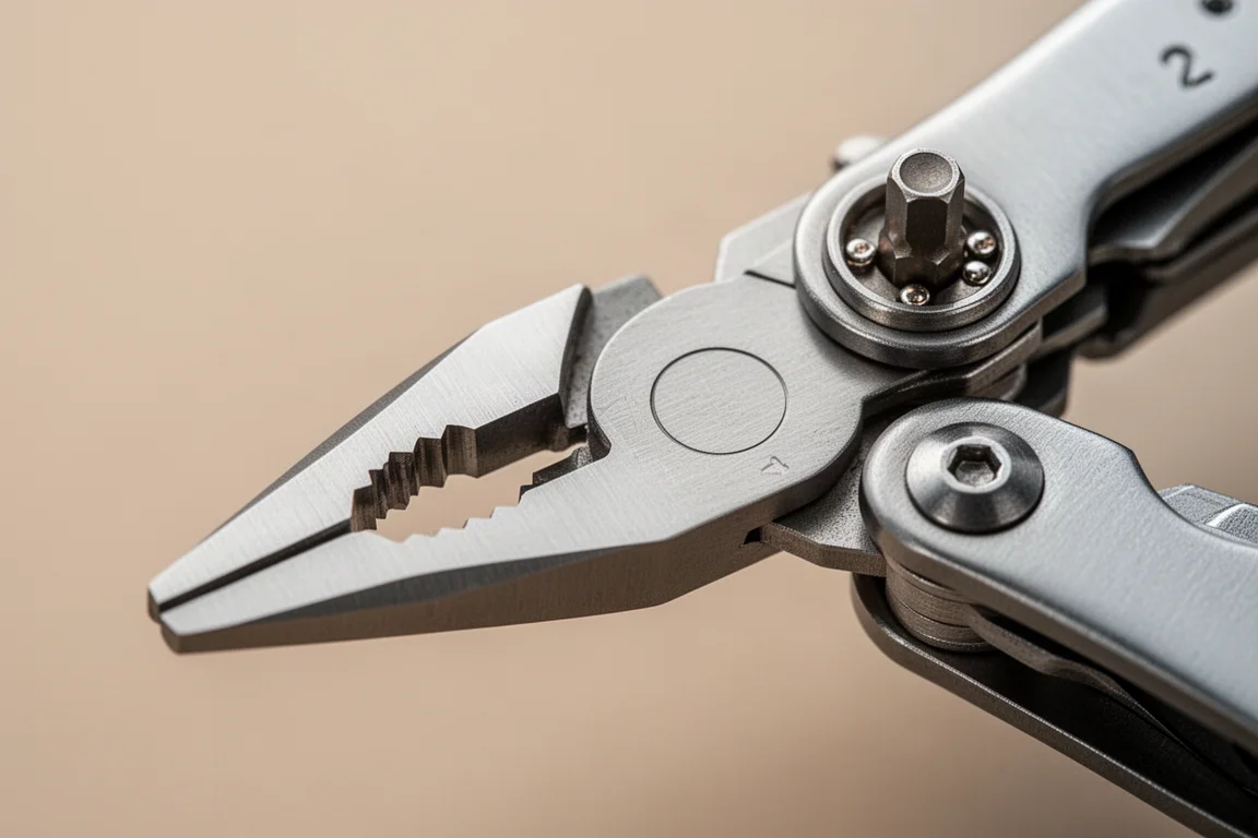 Close-up of a multi-tool plier head with a quarter-inch bit held by small magnets