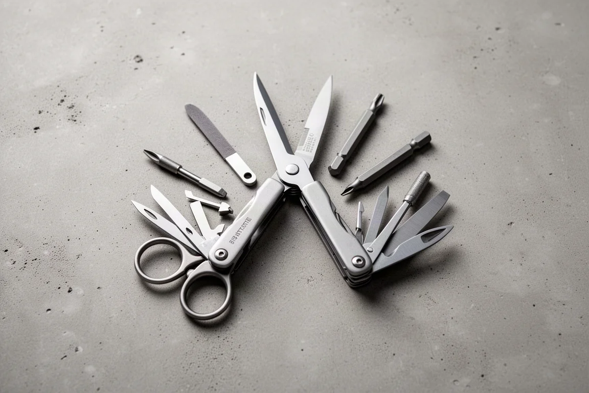 Multi-tool laid open with small implements including scissors, file, and screwdrivers spread out