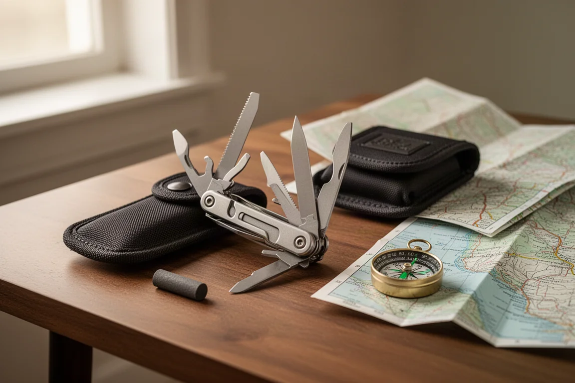 Multi-tool with sheath and ferro rod arranged on a wooden table beside camp gear
