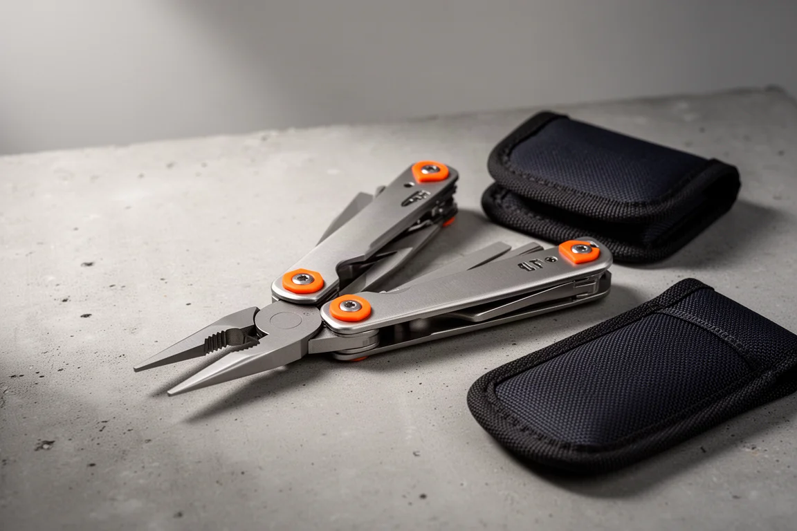 Multi-tool SOG Tellus MT aperto in configurazione a pinze sul cemento accanto alla sua fondina in nylon