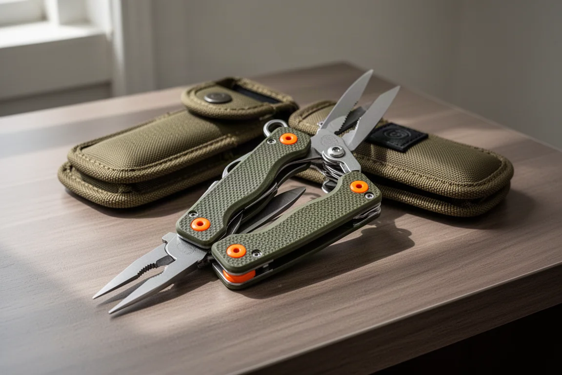 Opvouwbare multitool met groene G10-handvatten geopend zodat de tangkop zichtbaar is, op een houten bureau