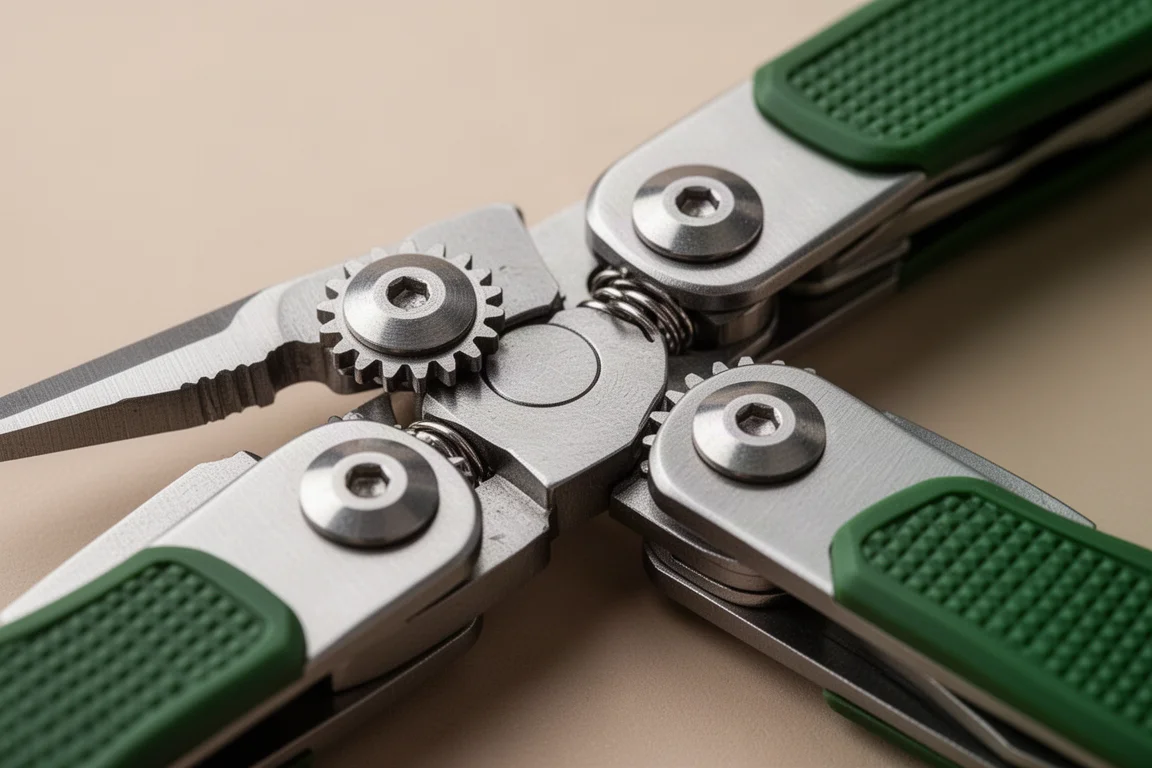 Close-up van tandwielgedreven compound leverage-draaipunten op de tangkop van een multitool