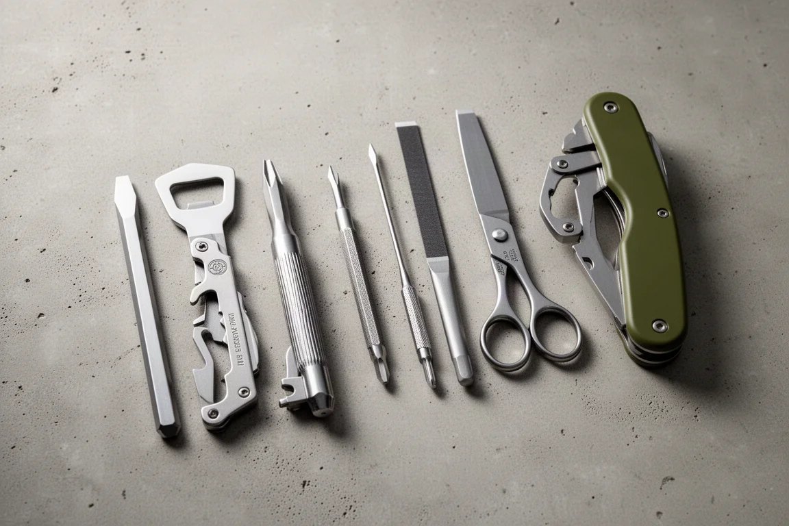 Binnenwerk van een multitool met platte schroevendraaier, flessenopener en blikopener waaiervormig uitgeklapt