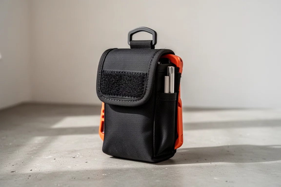 Nylon multitool-etui met vaste riemlus en klein zijvakje met een ferro rod