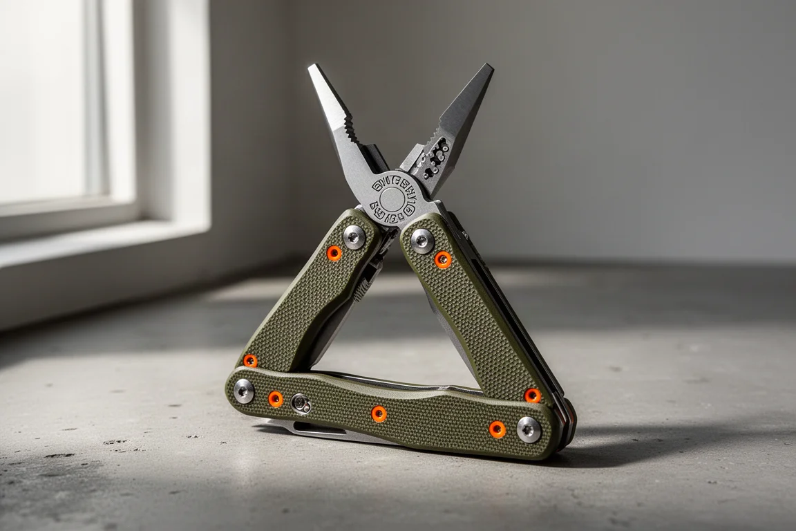 SOG Telus MT multi-tool with green handles and open pliers on concrete surface
