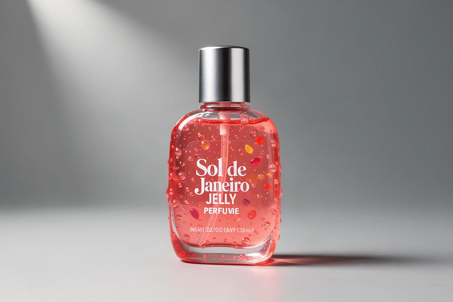 Flachliegende Schönheitsprodukte, darunter Gel-Parfüm, Regenbogen-Lidschatten, Haarfarbe und Nagelstifte