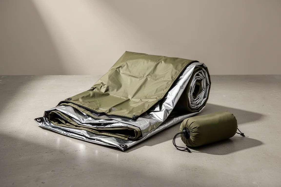 Compact reflective emergency bivvy sack partially unrolled beside a small stuff sack