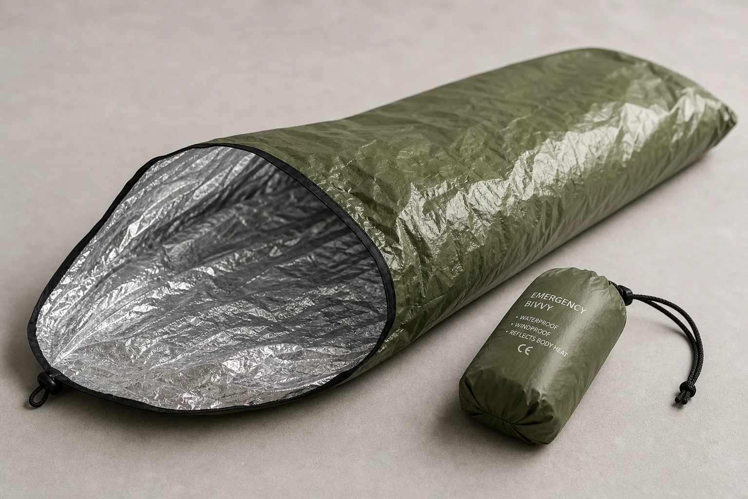 Layered sleep system components displayed flat showing mat, liner, bag, and bivvy