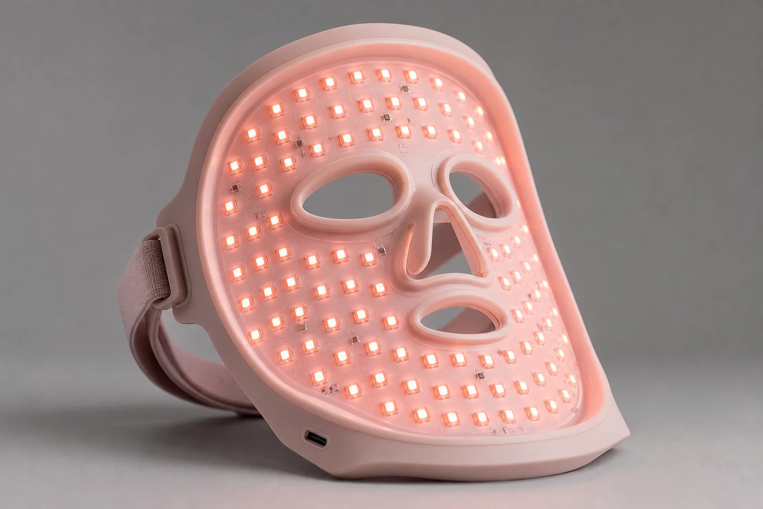 Cinque maschere per terapia facciale a LED disposte in un arco discendente su una superficie bianca