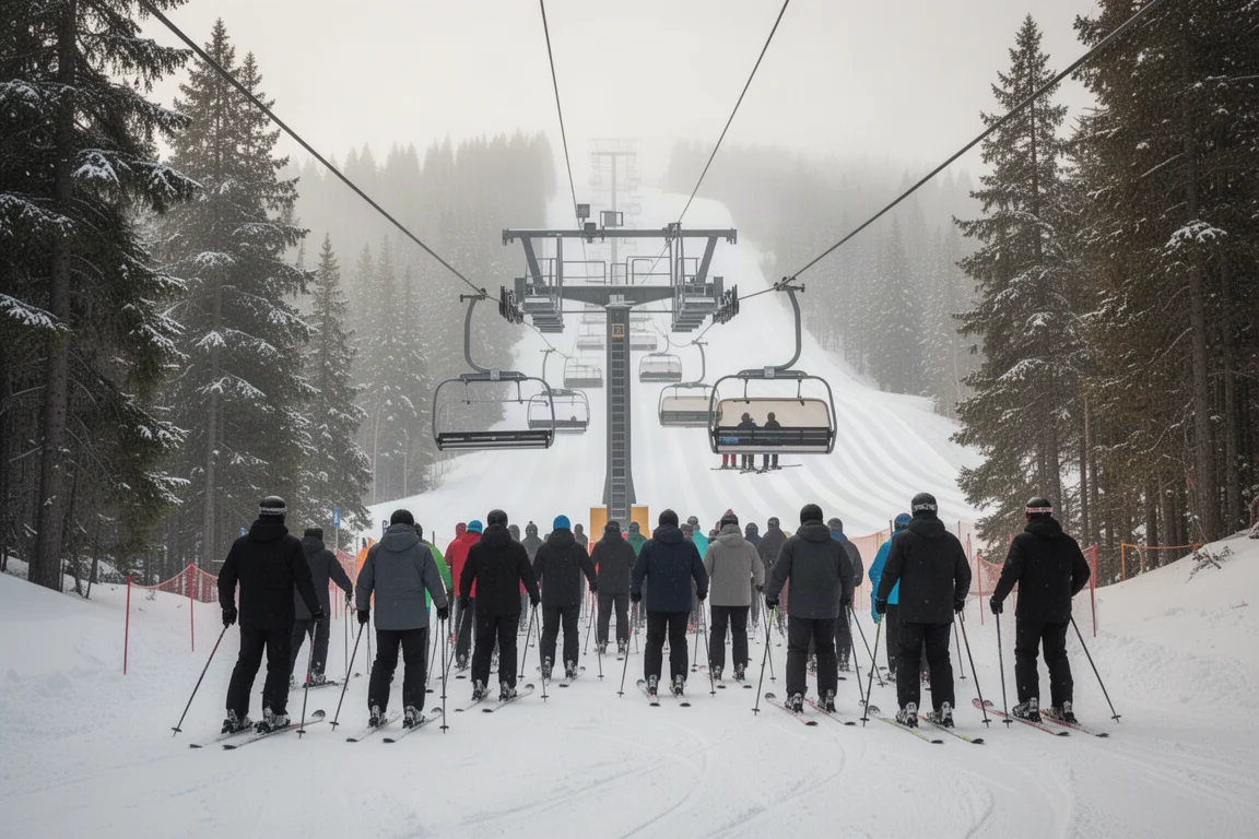 Folla in coda a una seggiovia a metà montagna in una mattinata di neve fresca in una stazione sciistica