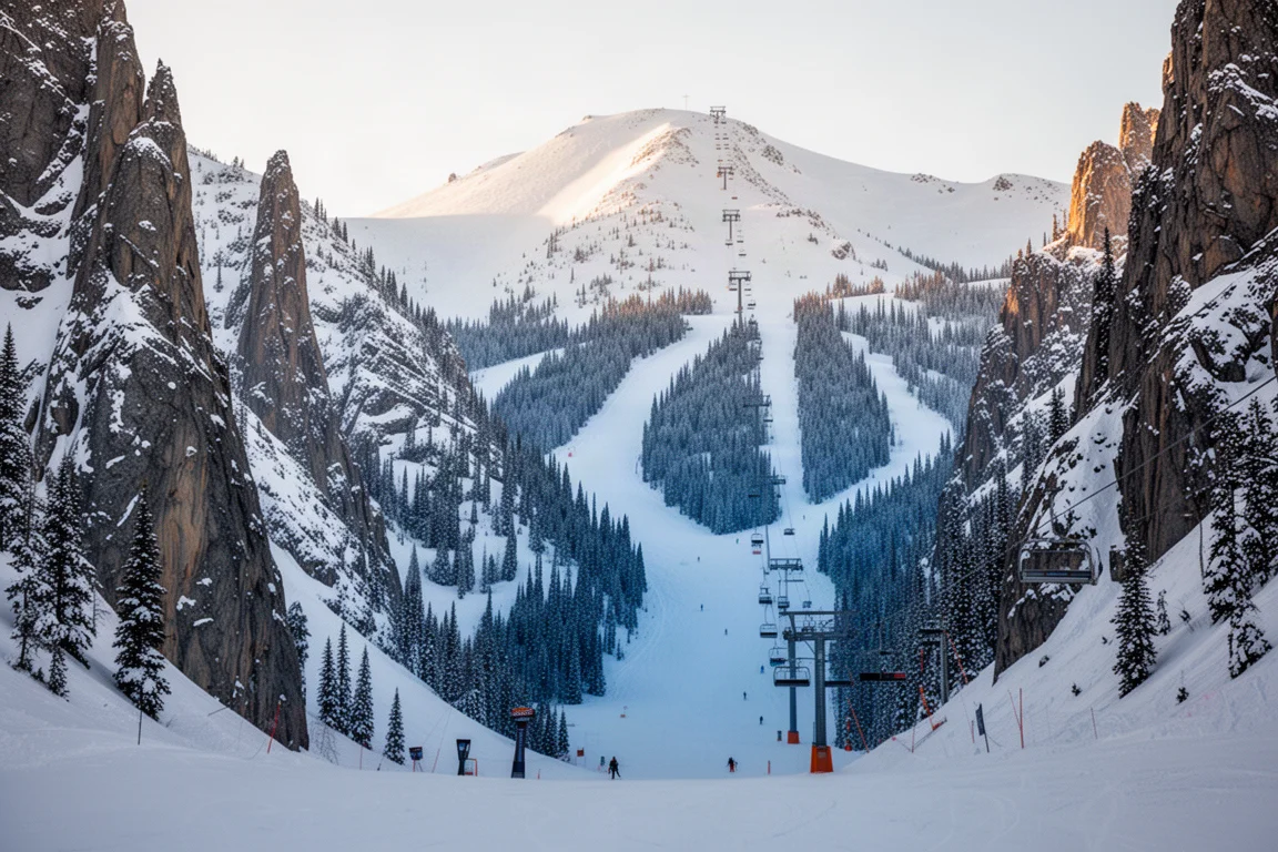 Snow-covered ski resort terrain in a narrow Utah canyon with jagged ridgelines and gladed runs