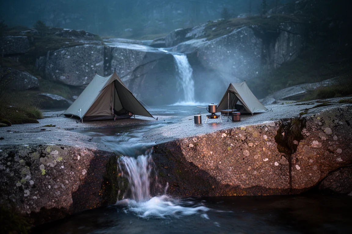 Small campsite beside a waterfall on a granite ledge at dusk