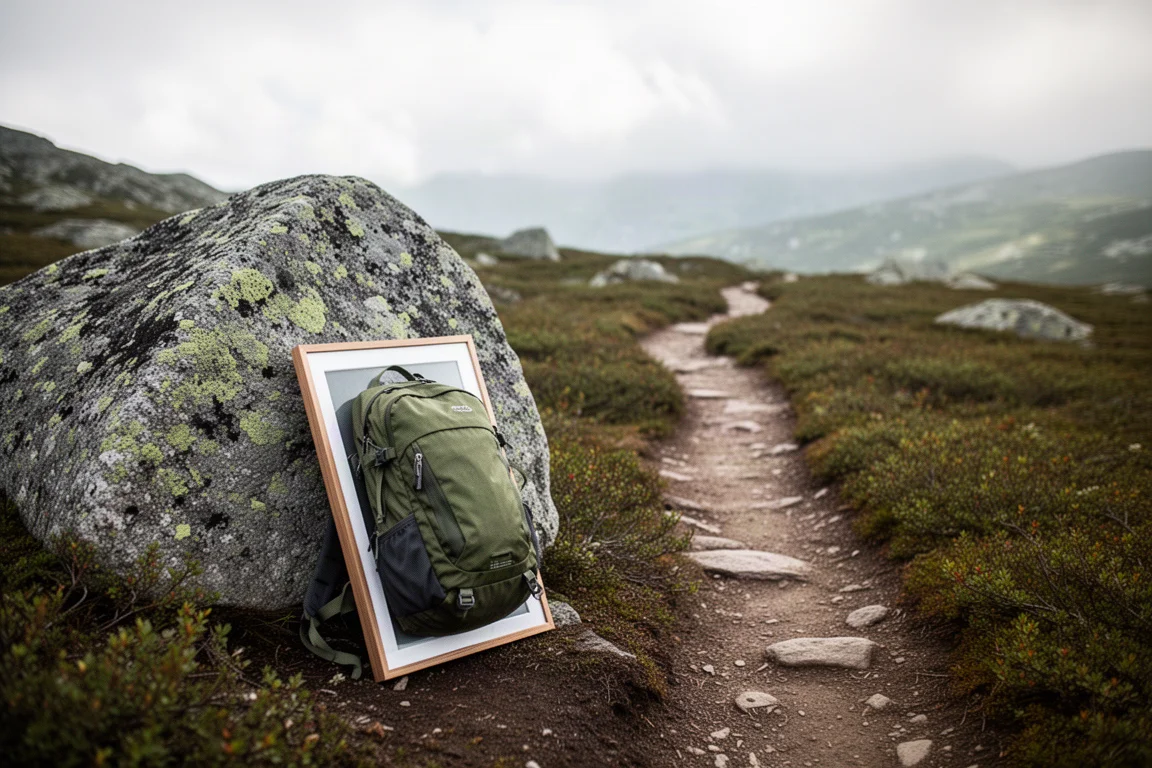 Framed backpack leaning against a granite boulder at a trailside rest